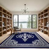 Blue and Teal Navy Blue Fleur-de-Lis Ornate Area Rug