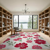 ODIKA Red Floral Washable Area Rug - Low Pile Non-Slip Non-Shedding Flower Rug