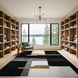 ODIKA Modern Abstract Black and Gold Geometric Washable Area Rug - Low Pile Non-Slip