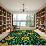 Smiling Yellow Cats Blue Flowers Area Rug