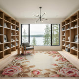 Pink Roses Floral Border Cream Area Rug