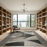 Geometric Grey Abstract Area Rug with Striped Borders