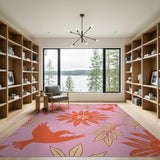 Vibrant Pink Floral Bird Area Rug