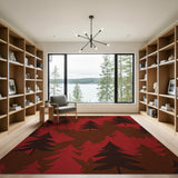 Red Pine Silhouette Forest Area Rug