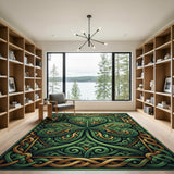 ODIKA Celtic Shamrock Washable Rug - Green & Gold Ornate Low Pile Area Rug
