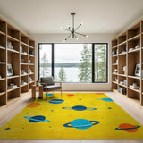 Yellow Space Planets Stars Kids Cartoon Rug