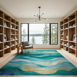 Teal Blue Layered Ocean Waves Abstract Rug