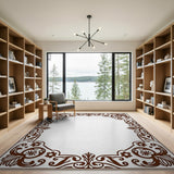Brown and Tan Ornate Brown Floral Border Area Rug