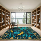 Teal Palm Fronds and Banana Coastal Area Rug