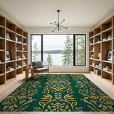 Emerald Green Gold Floral Damask Area Rug