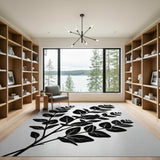 Black White Eucalyptus Leaf Silhouette Area Rug