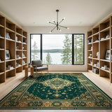 Emerald Green Persian Area Rug with Gold Medallion
