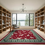 Red Festive Red Reindeer Snowflakes Area Rug