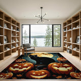 ODIKA Halloween Black Cat and Pumpkins Washable Area Rug - Non-Slip Low Pile