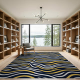 Navy Yellow Wavy Geometric Area Rug