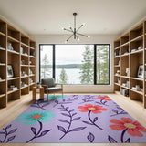 Teal Coral Daisy Blooms on Purple Area Rug