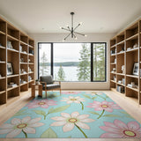 Teal Blue Pink Flower Floral Area Rug