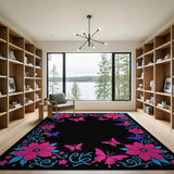 Vibrant Pink Floral Butterfly Border Area Rug