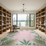 Botanical Green Leaves Pink Center Area Rug