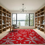Festive White Holly Leaves Red Area Rug