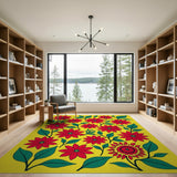 Vibrant Red Poinsettia Blooms on Sunny Yellow Rug