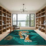 Teal Jungle Roaring Tiger Area Rug