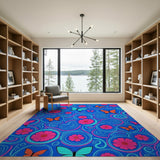 Vibrant Pink Flower Butterfly Blue Swirl Area Rug