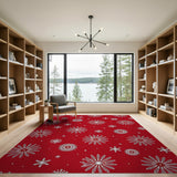 Festive Red Poinsettia Snowflake Area Rug