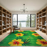 Vibrant Yellow Hibiscus on Green Area Rug