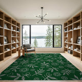 Emerald Green White Line Art Floral Rug