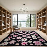 Whimsical Pink Daisies on Black Area Rug