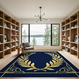 Navy Blue Gold Laurel Wreath Area Rug