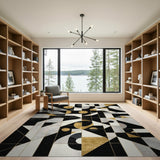 Gold and Silver Black Gold Geometric Abstract Area Rug