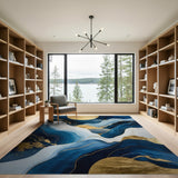 Washable Modern Fluid Art Navy Blue and Gold Low Pile Area Rug