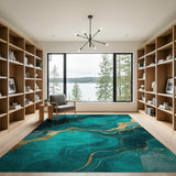 Teal Gold Marble Wave Abstract Area Rug