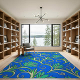 Blue Green Swirling Vine Floral Area Rug