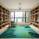 Green Teal Palm Leaf Coastal Area Rug