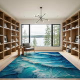 Abstract Blue Ocean Wave Washable Area Rug, Low Pile Non-Slip