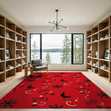 Festive Red Rooster Snowflake Silhouette Rug