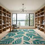 Coastal Beach Teal Palm Leaf Coastal Area Rug