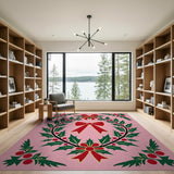 Pink Holly Wreath Area Rug with Red Bows