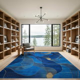 Abstract Blue Wave Rug with Gold Dots