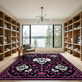 Ornate White Floral Persian Rug with Pink Border