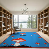 Whimsical Red Mushroom Area Rug on Blue