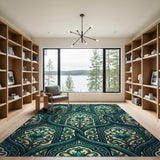 Ornate Teal Lotus Arch Area Rug