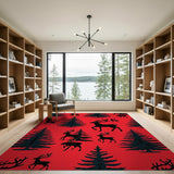 Bold Red Deer Pine Tree Silhouette Area Rug