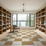 Tan Checkered Gingham Rug with Cream Wave Splash