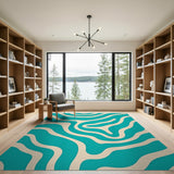 Teal and Cream Wavy Abstract Area Rug