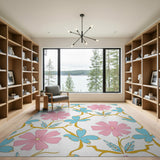 Whimsical Pink Flowers Blue Leaves Area Rug