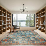 Distressed Vintage Blue Teal Medallion Rug